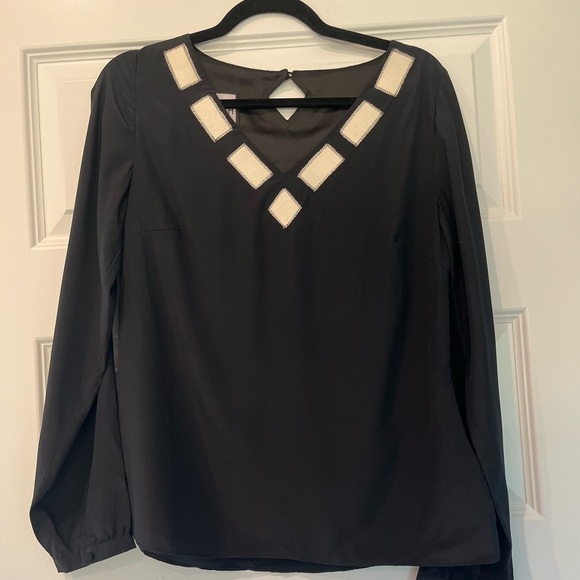 SMITH Black Elegant Long Sleeve Blouse Top With White Geometric Appliqué Size S - Picture 3 of 8